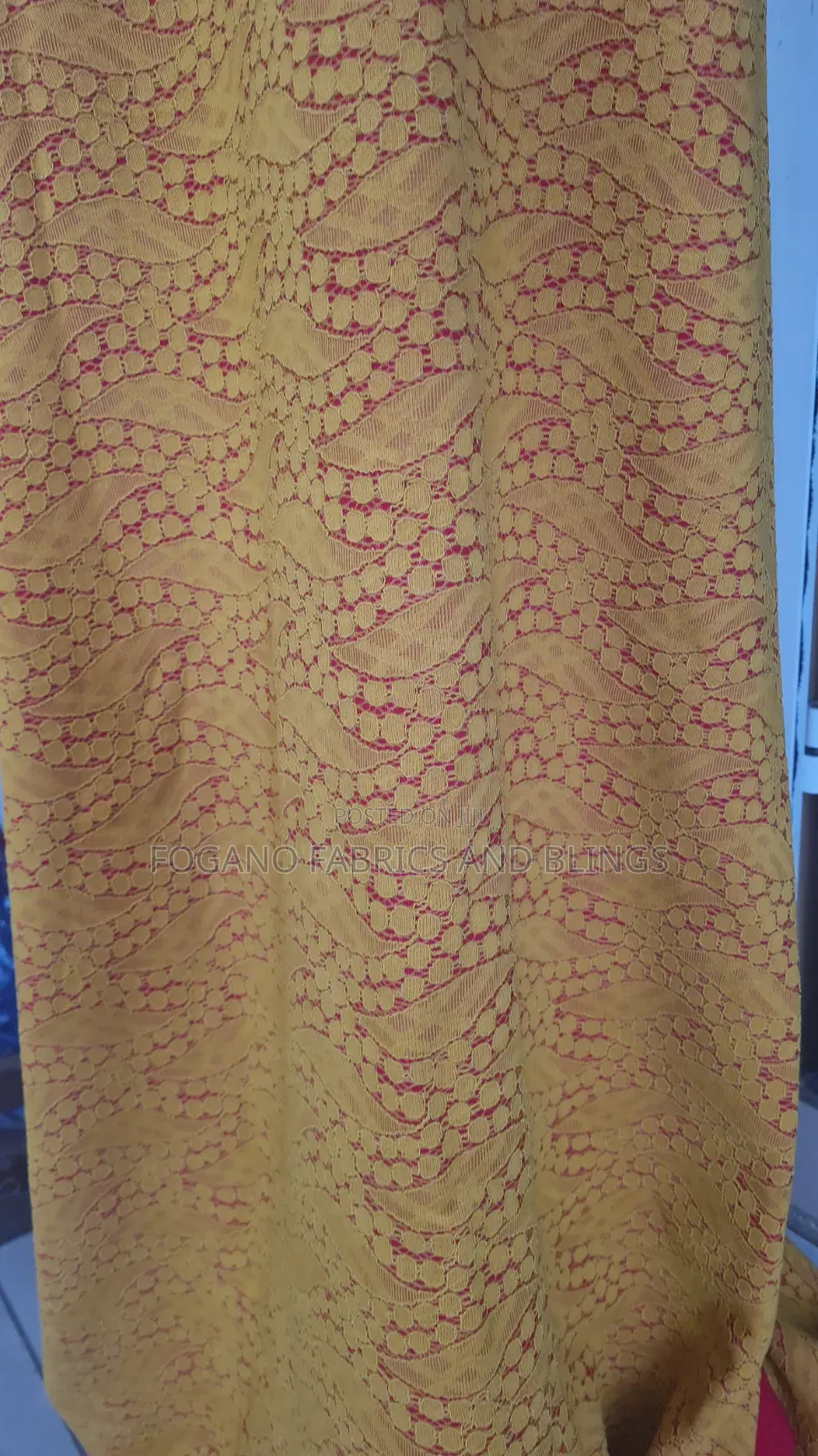 Yellow on Red Padded Lace Fabric