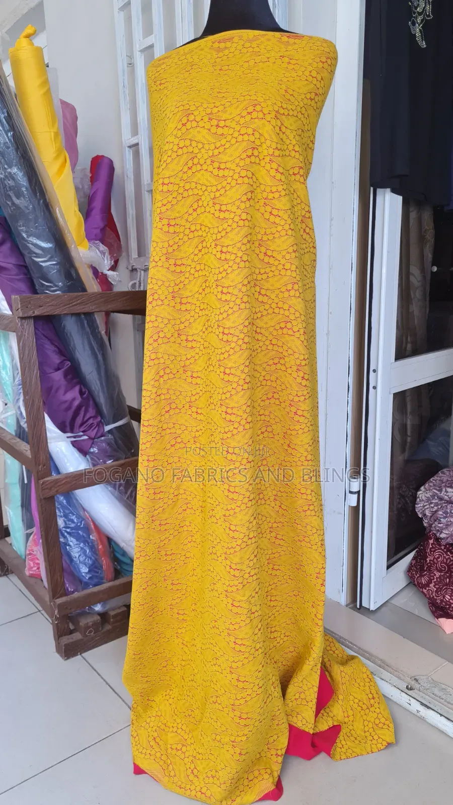 Yellow on Red Padded Lace Fabric
