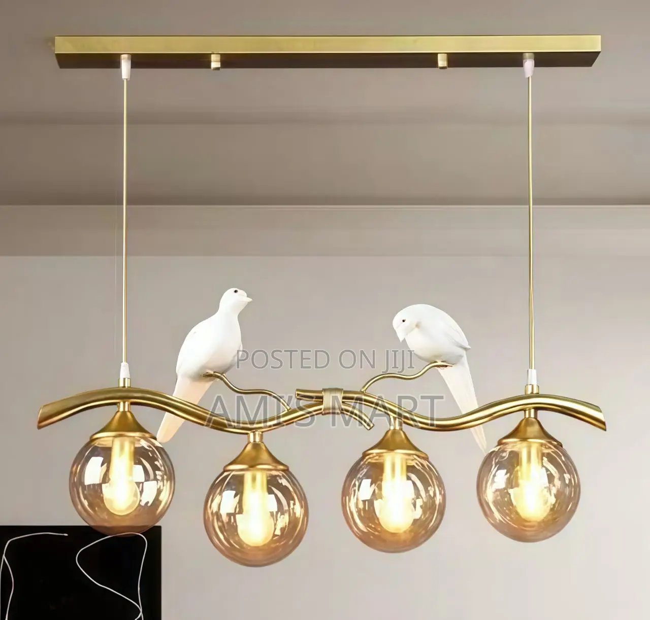 Modern Linear Branch Pendant Chandelier Light With Bird Accent.