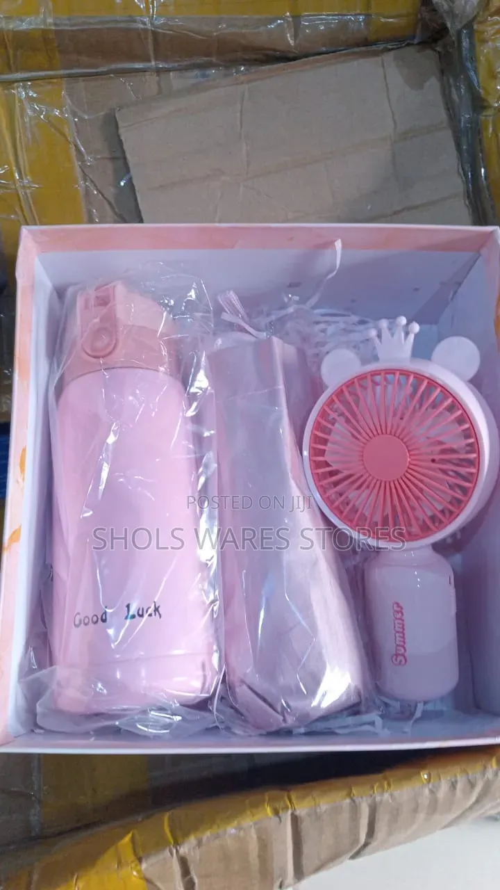 Premium Pink Mini Gift Set - Bottle + Fan + Umbrella