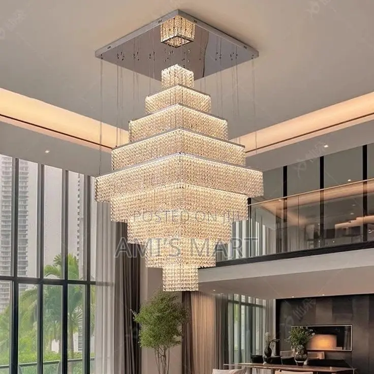Modern Multi-Tier Square Pagoda Cascade Crystal Chandelier by 800mm.
