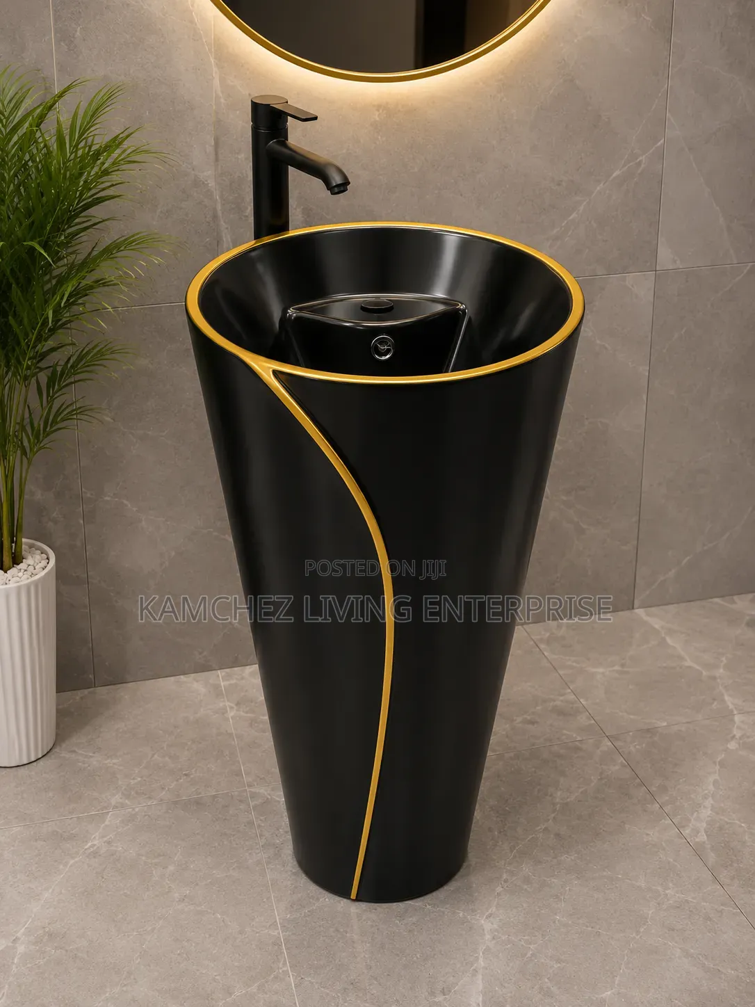 Elegant Black Gold Pedestal Wash Basin