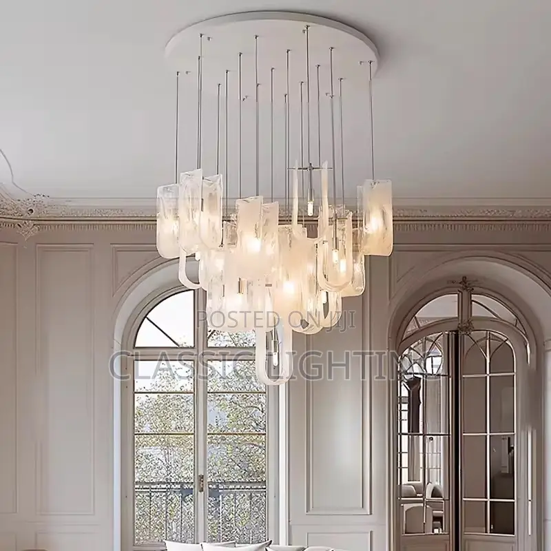 2026 Nordic Cream Style Glass Pendant Lamp Luxury Stair Chandelier