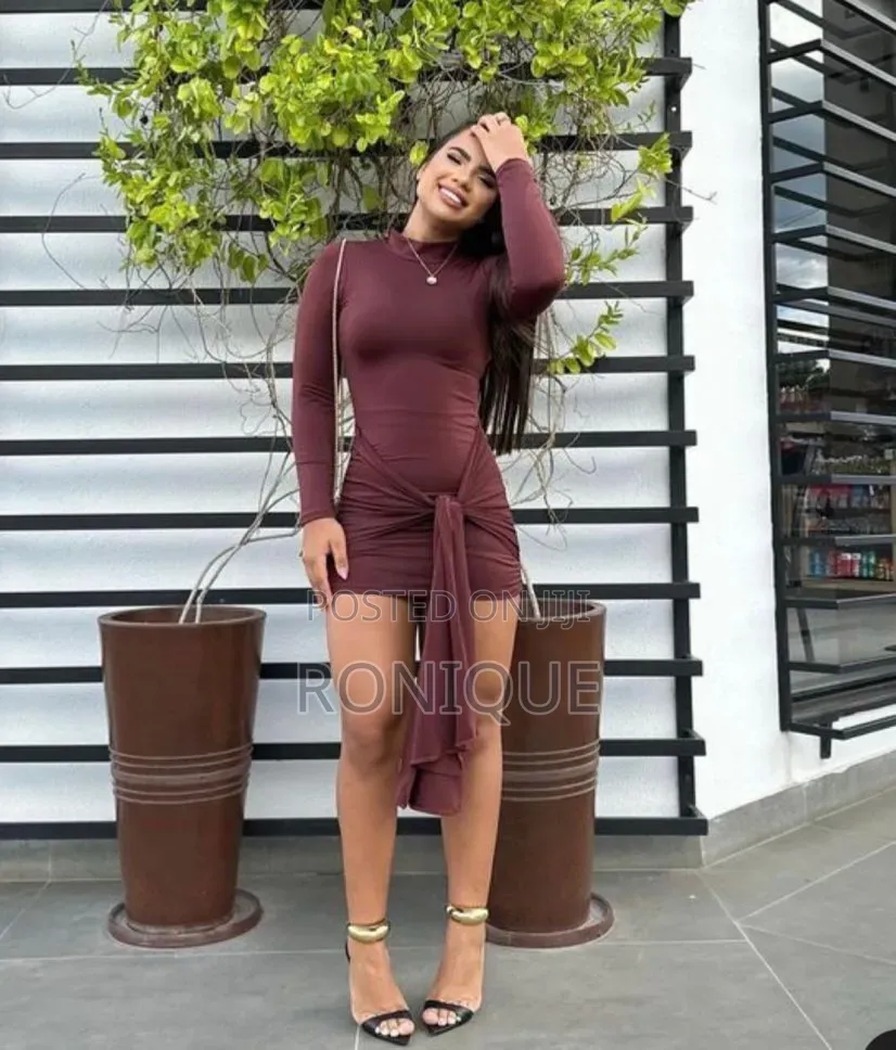 Stylish High-Neck Long Sleeve Front-Tie Bodycon Mini Dress