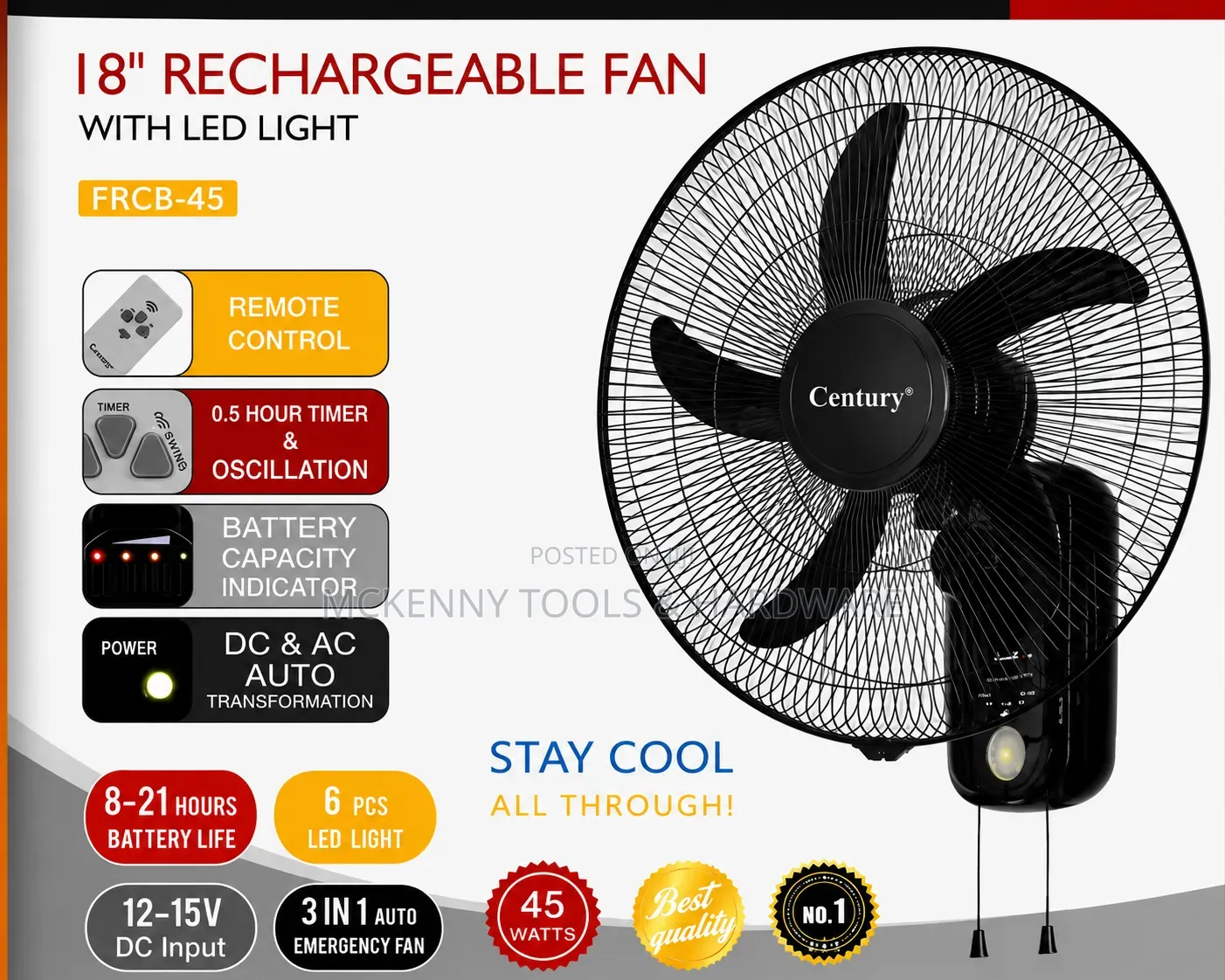 Century 18" Rechargeable Wall Fan With LED Remote (FRCB-45) –