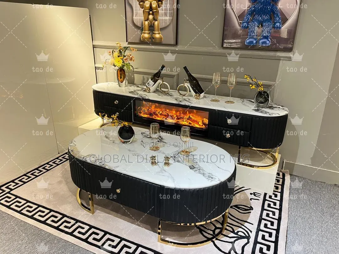 Luxury Modern Living Room Set With a Black Fluted Cabinet Base