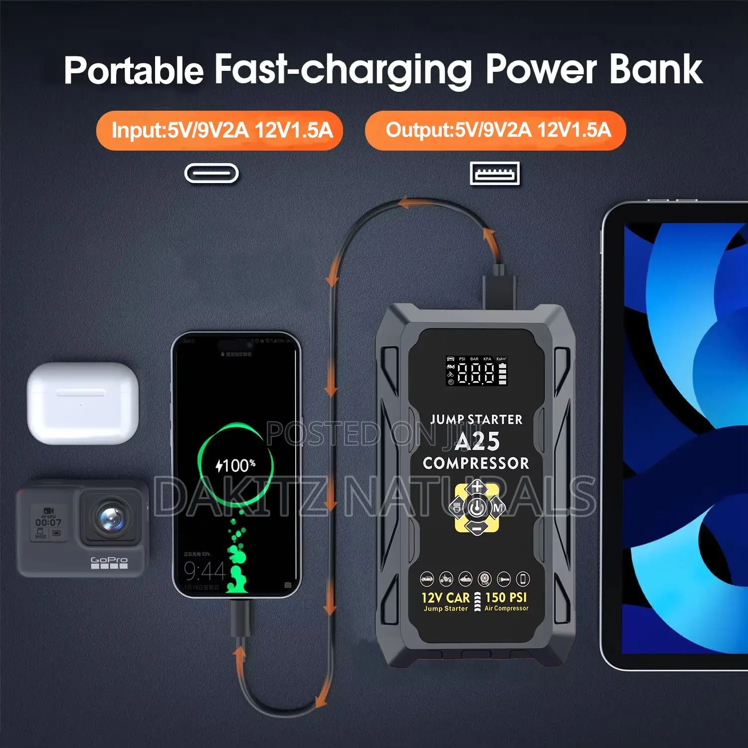 Car Jump Starter With Air Compressor + Powerbank (4in1)
