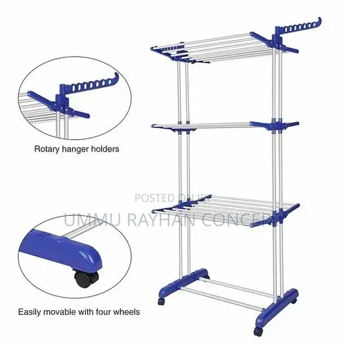 Steel Cloth Drying Stand With Foldable Wings, Wheels Clothes Rack