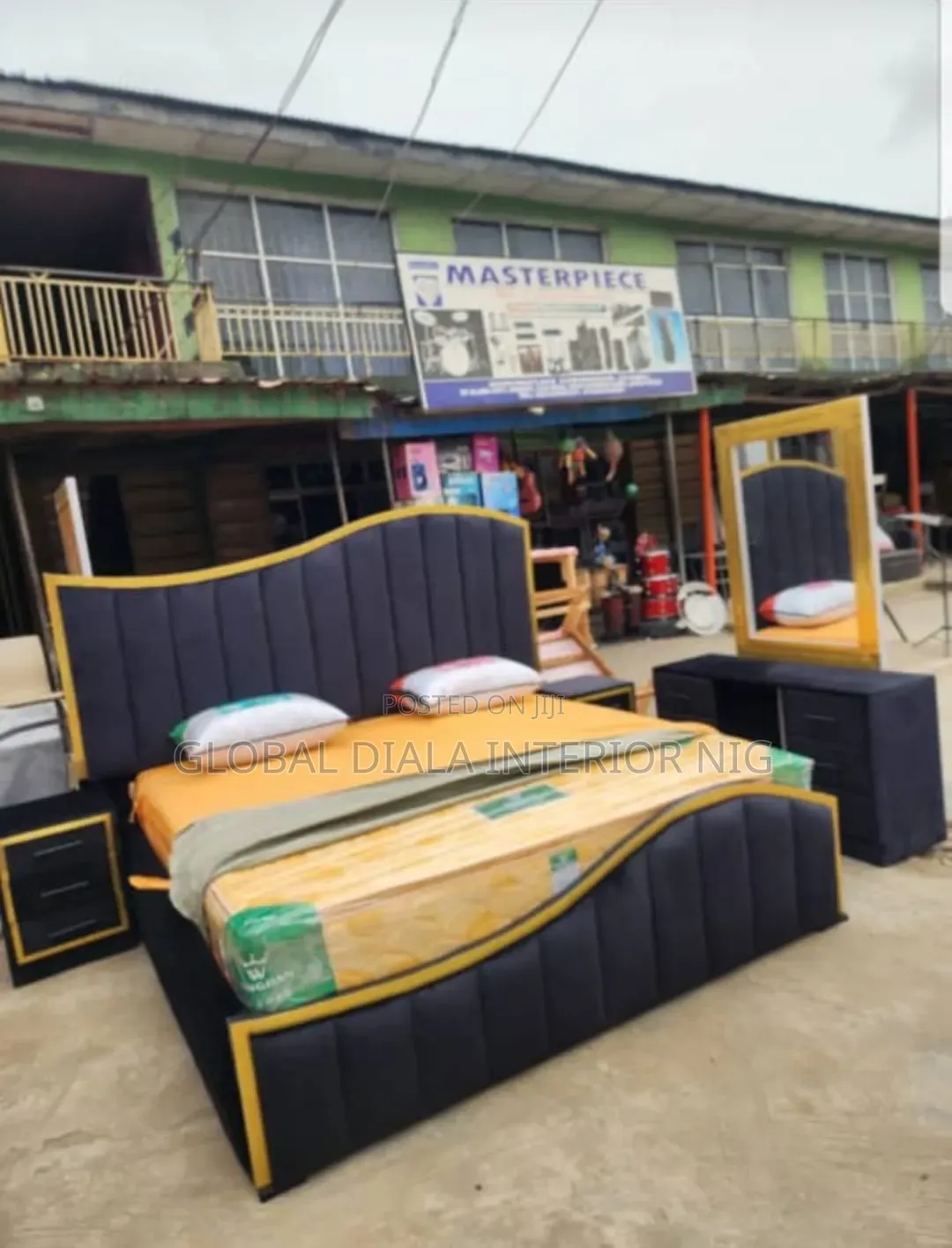 Complete 6-by-6 Feet Black and Gold Upholstered Padded Bed Frame Set