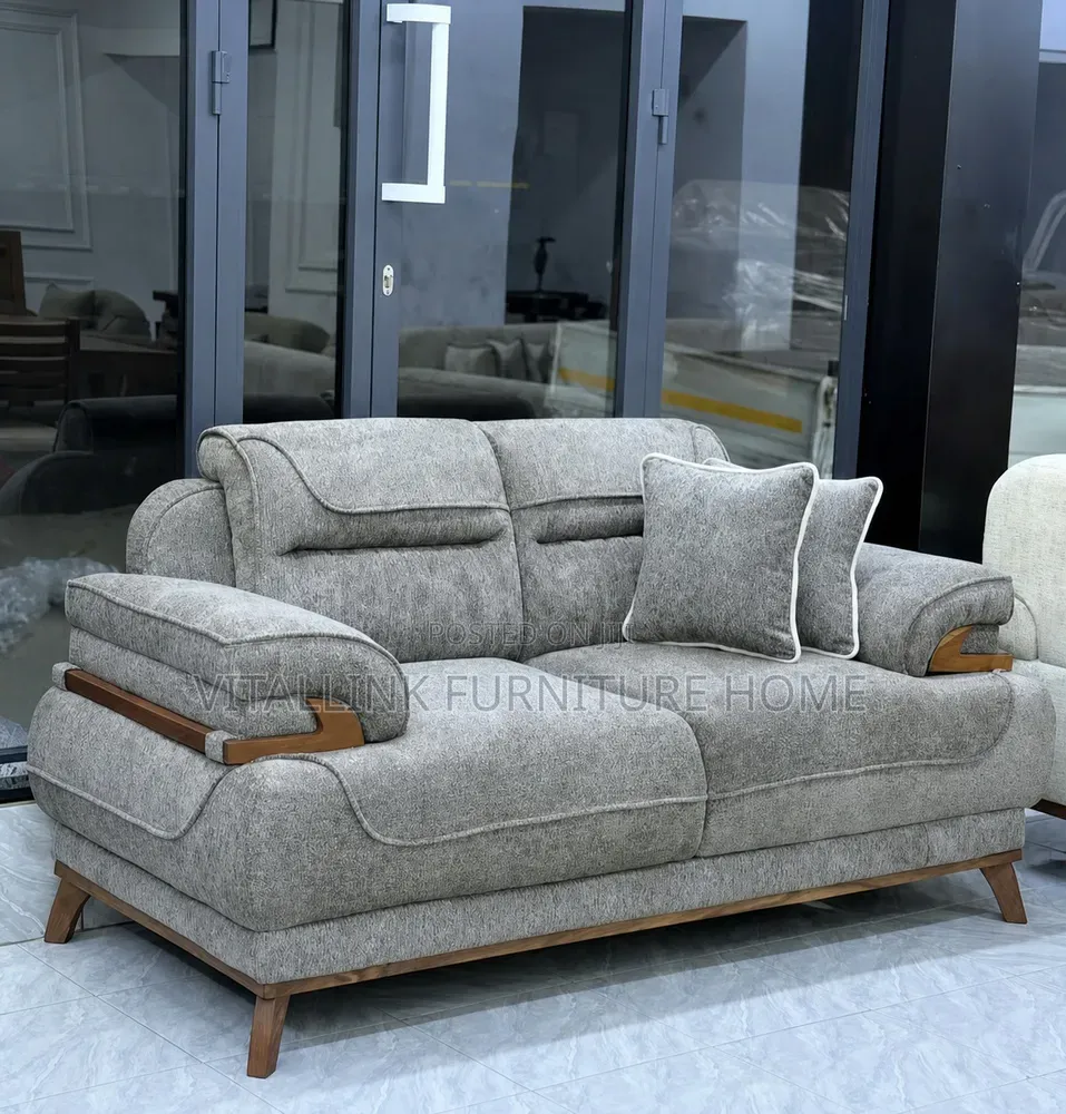 Luxury Plush Grey 2-Seater Sofa With Wooden Arm Accents FULL SET