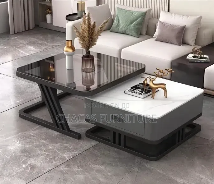 Luxury Modern Nested Coffee Table With Glass Top Drawer Storage