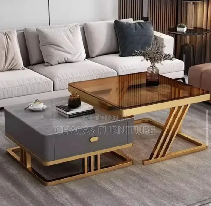 Luxury Modern Nested Coffee Table With Glass Top Drawer Storage