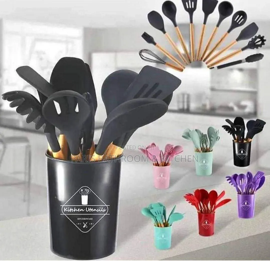 12-Piece Silicone Kitchen Utensil Set With Wooden Handles