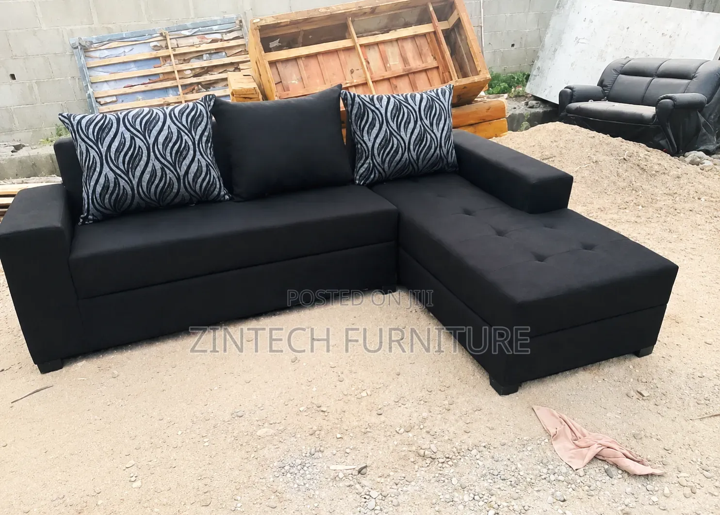 Black Fabric Well Designed L Shape Sofas and Pillows