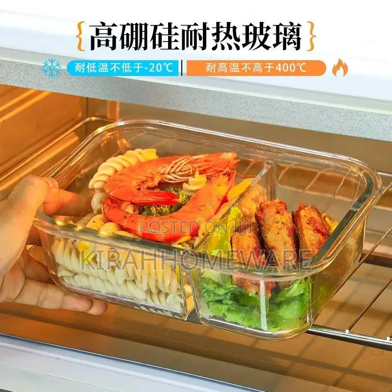 2 Grid Partitions Glass Lunch Box (1040ml Microwave Safe)