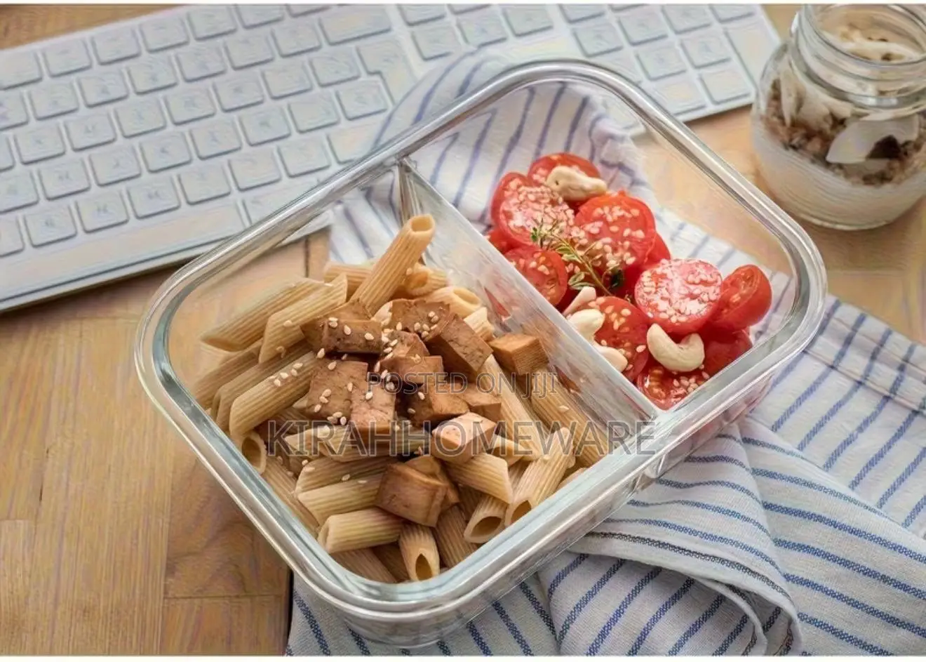 2 Grid Partitions Glass Lunch Box (1040ml Microwave Safe)