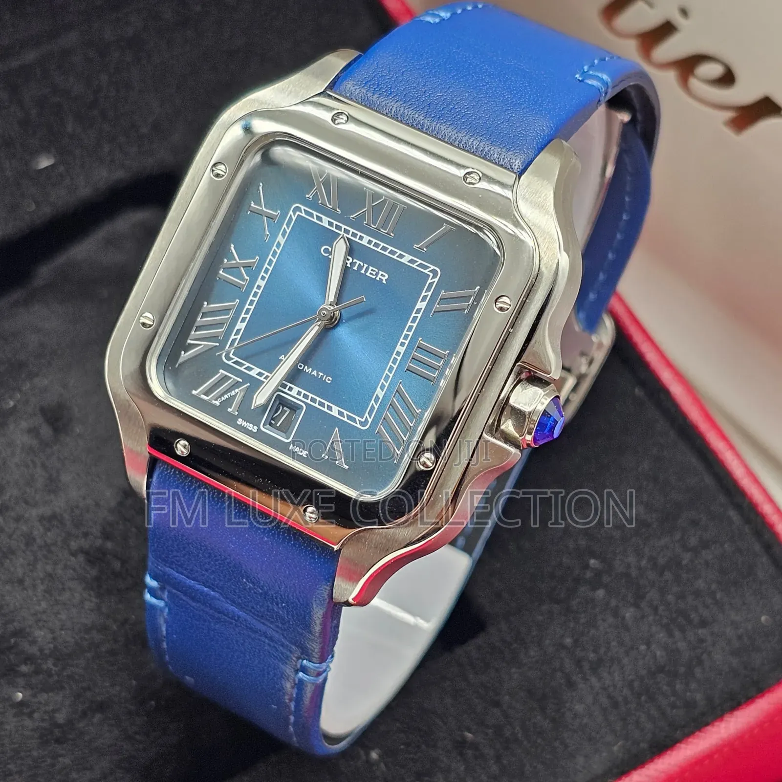 Cartier Santos Blue Dial Leather Wristwatch