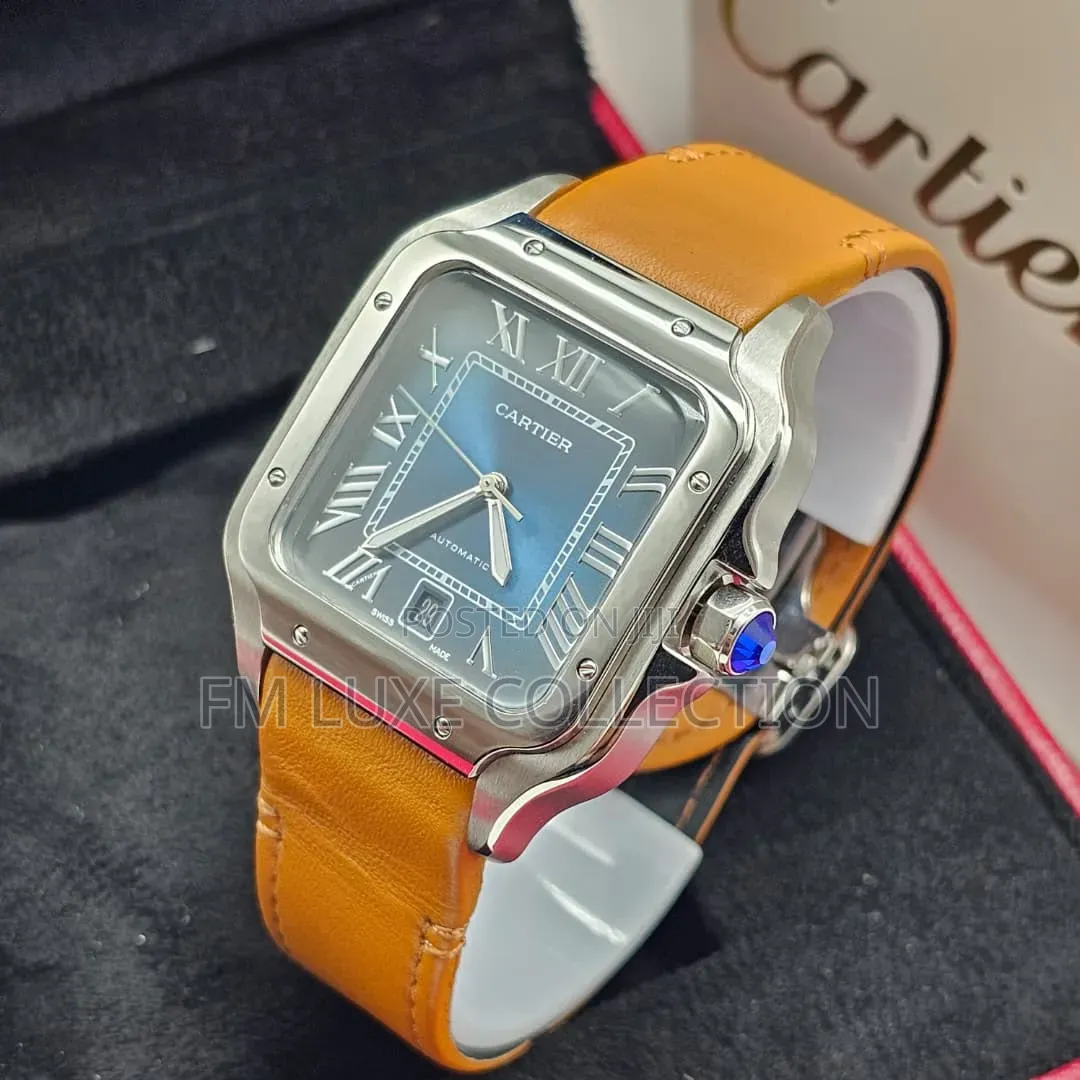 Cartier Santos Blue Dial Leather Wristwatch