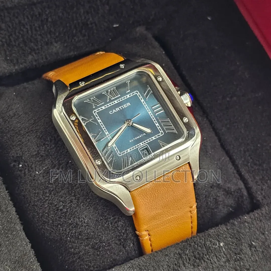 Cartier Santos Blue Dial Leather Wristwatch