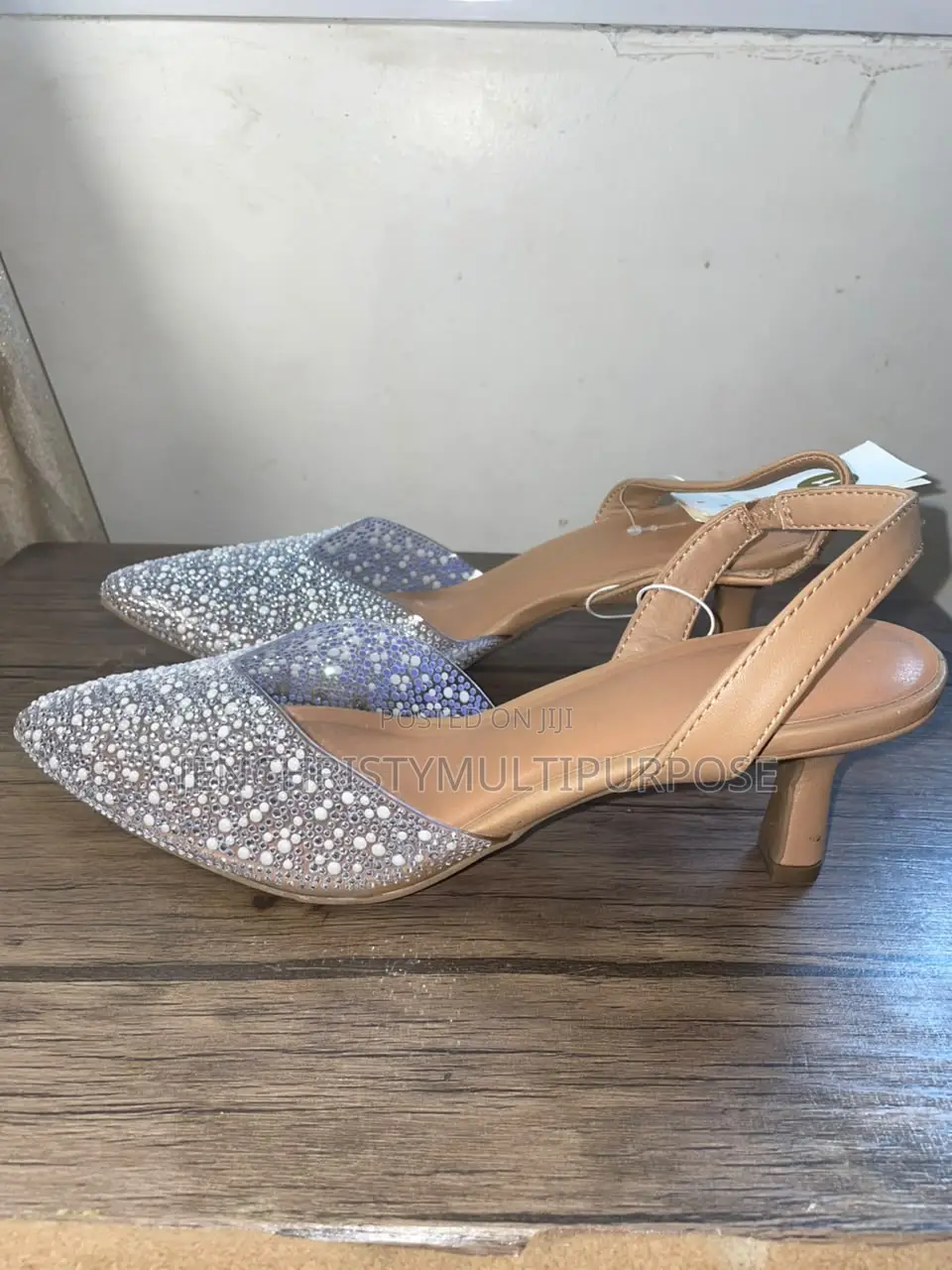 Women's Nude Rhinestone Pointed-Toe Heeled Slingback Sandals