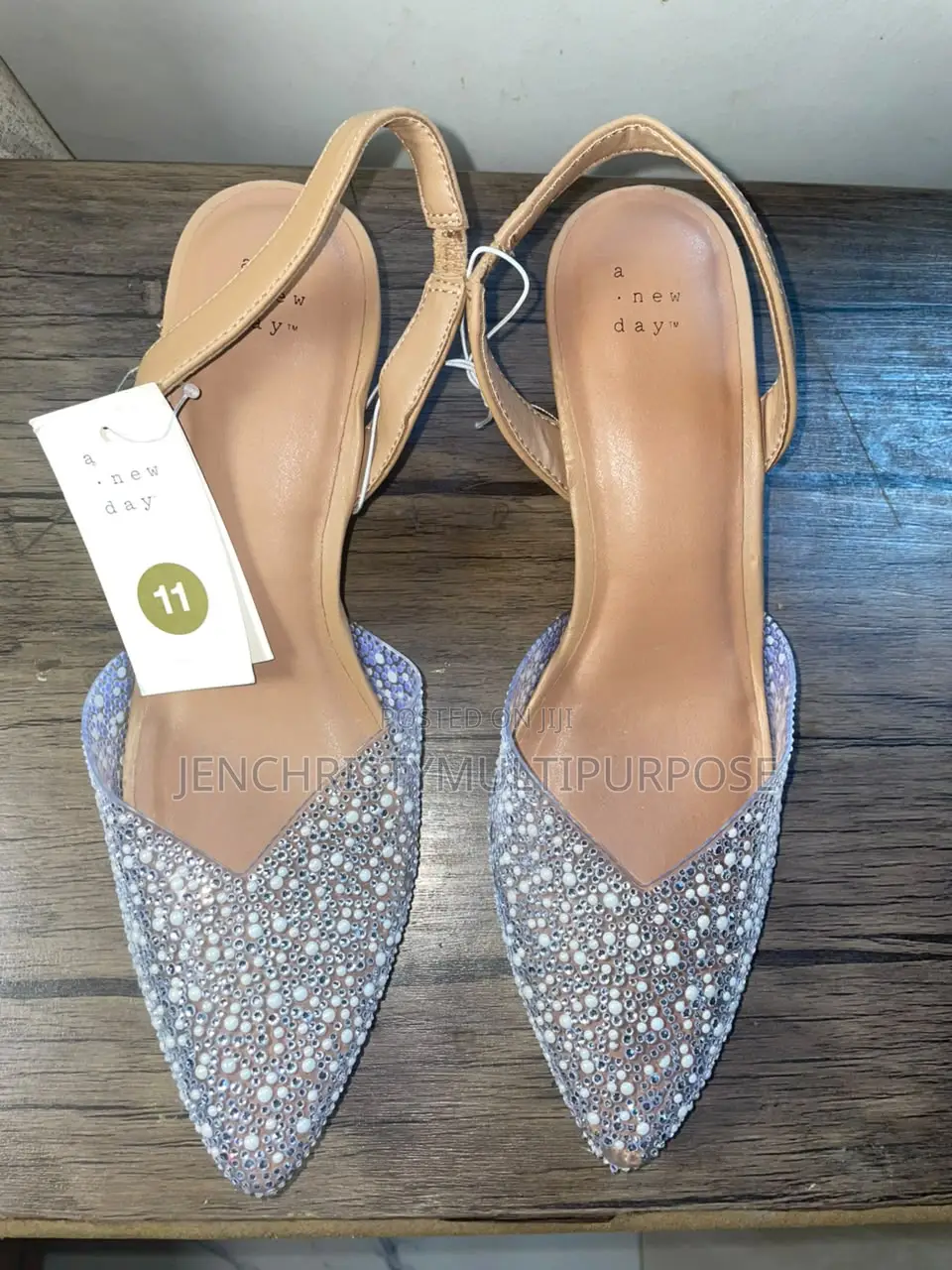 Women's Nude Rhinestone Pointed-Toe Heeled Slingback Sandals