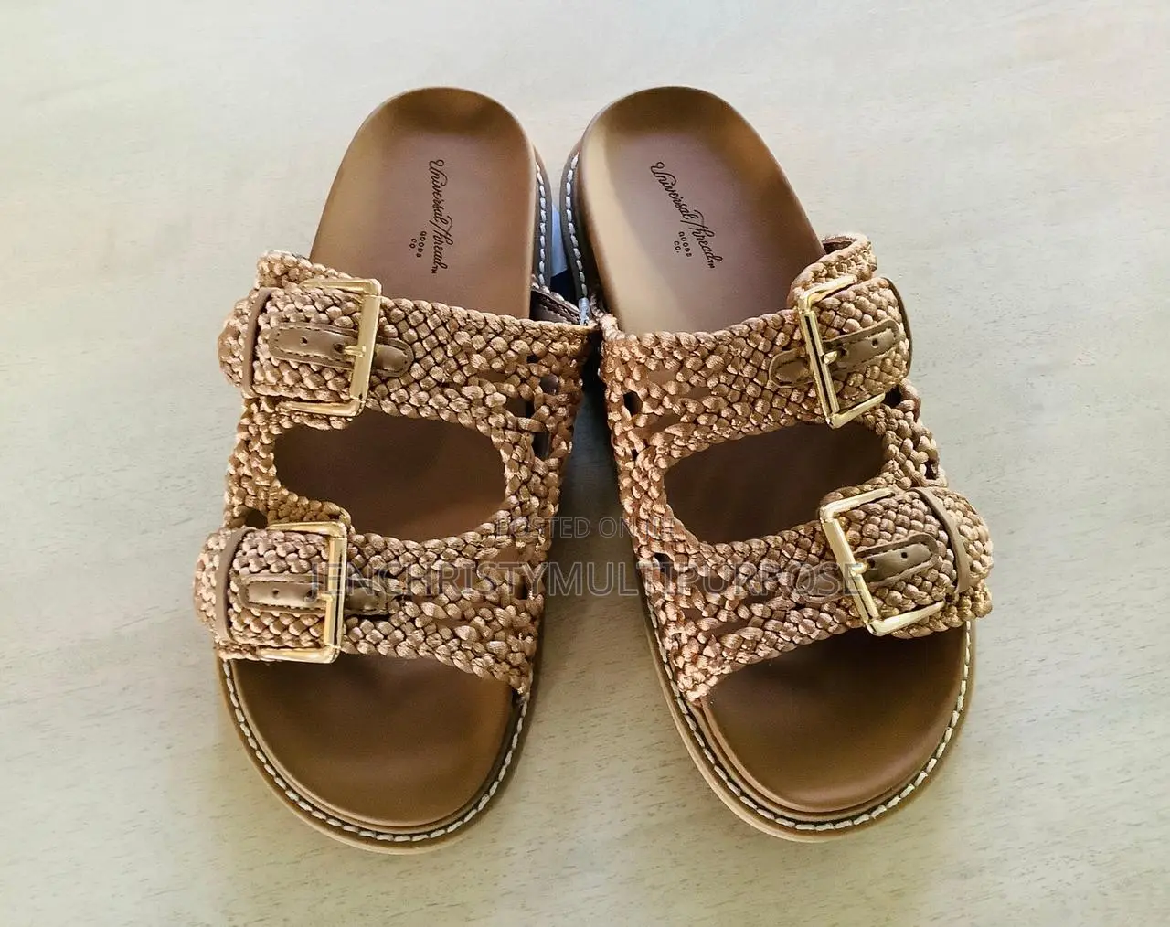 Women's Gold Woven Flat Buckle Sandals