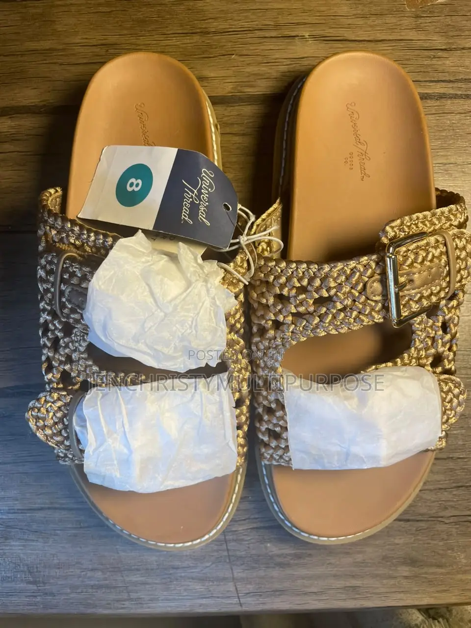 Women's Gold Woven Flat Buckle Sandals