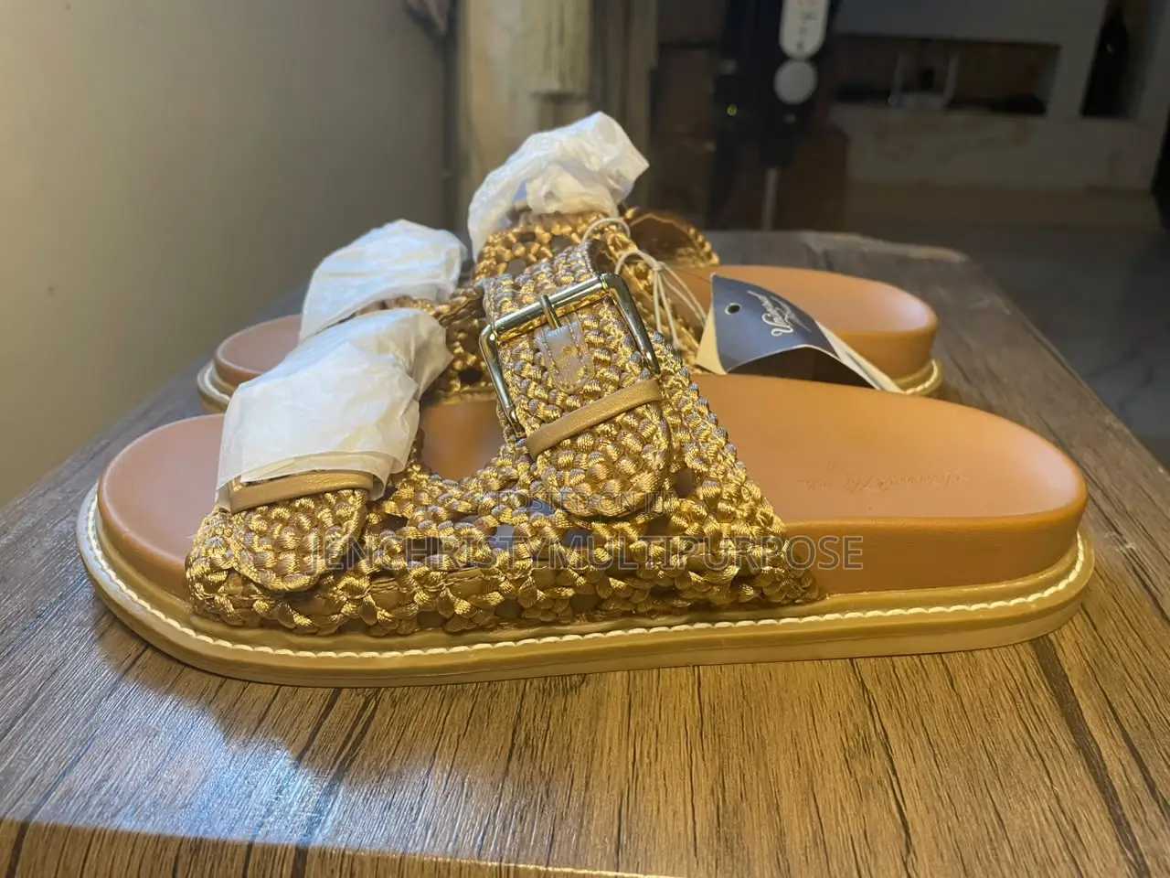 Women's Gold Woven Flat Buckle Sandals