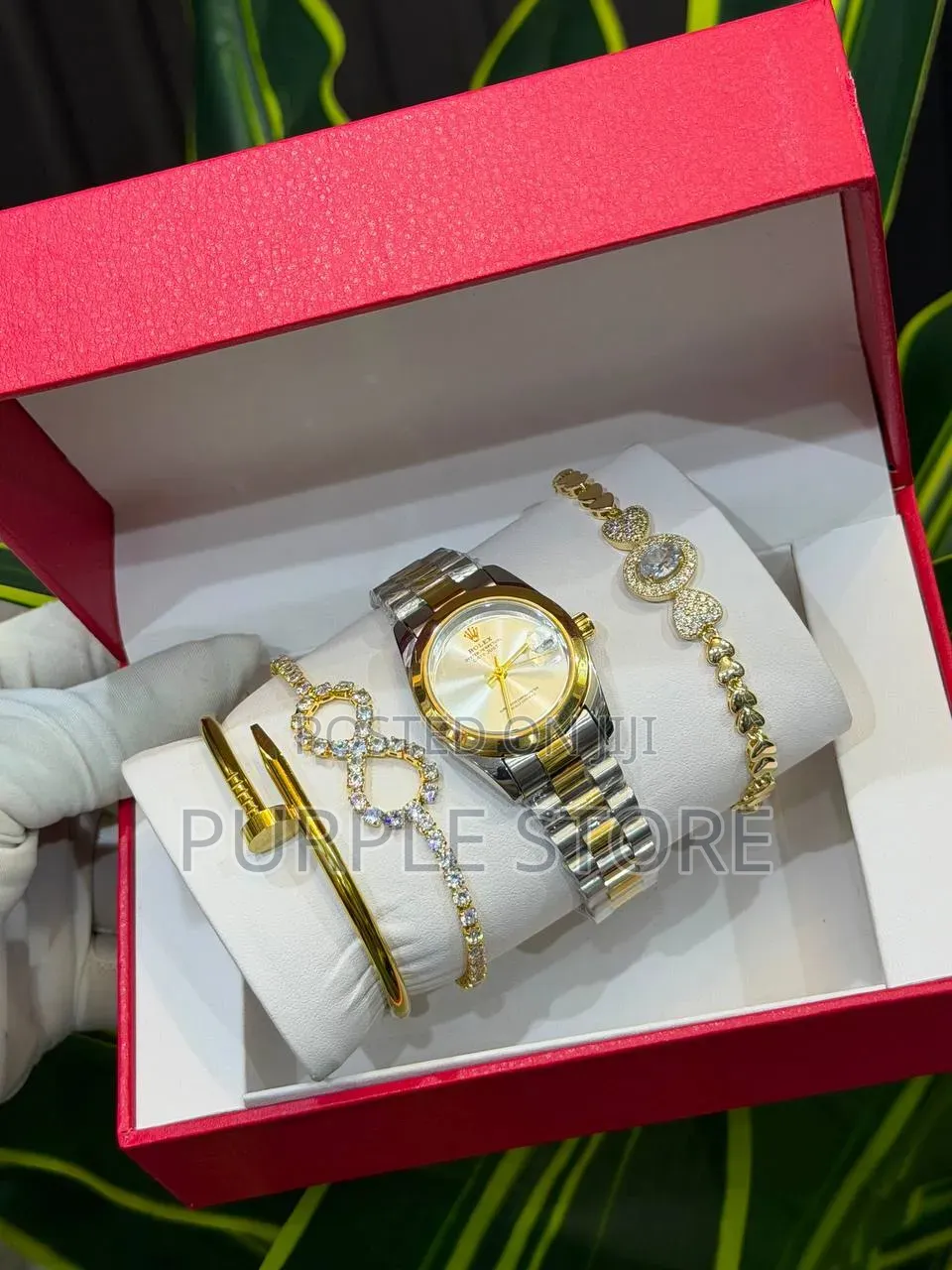 Rolex Women's Watch and 3 Beautifuls Bracelets Set With Box as Seen