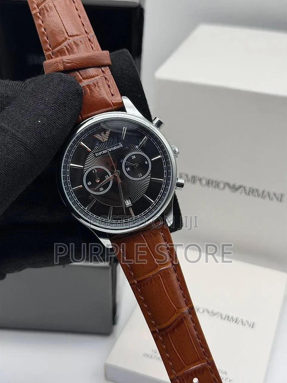 Emporio Armani Men's Chmonograph Watch With Genuine Leather