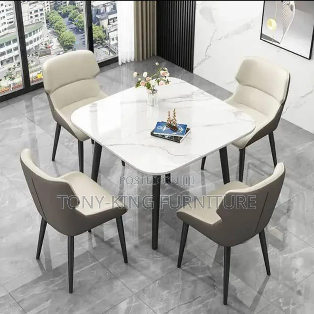 Marble Top Dining Table Set by 4-Seater With Metal Leg