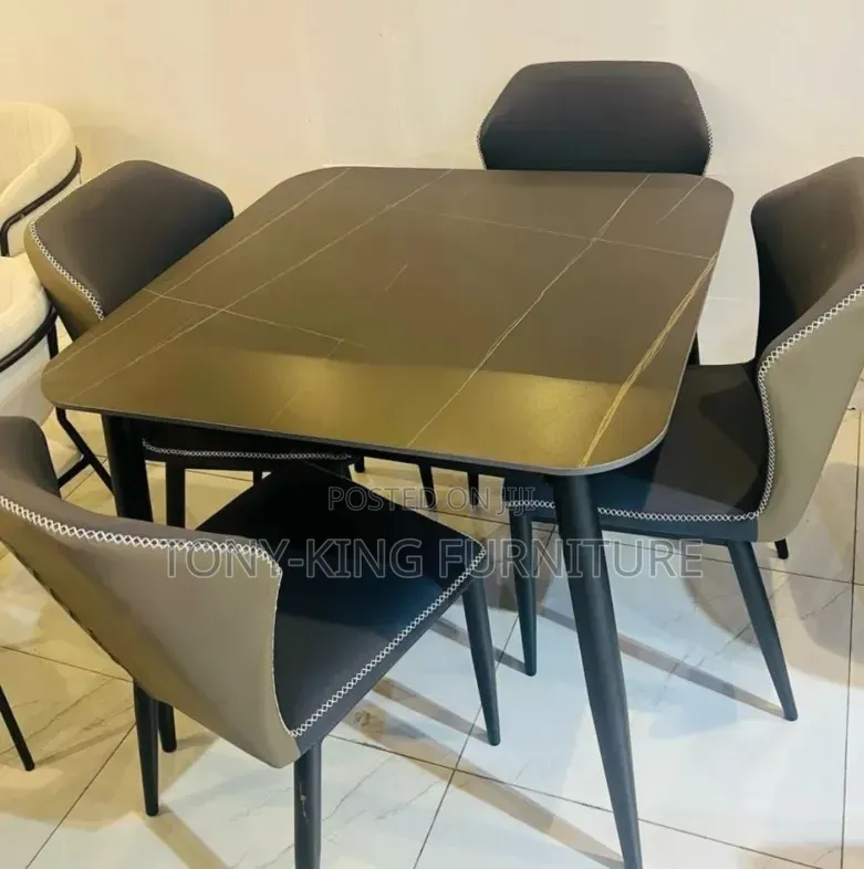 Fashion Square Marble Dinning Table + 4 Leather Chairs ONLY