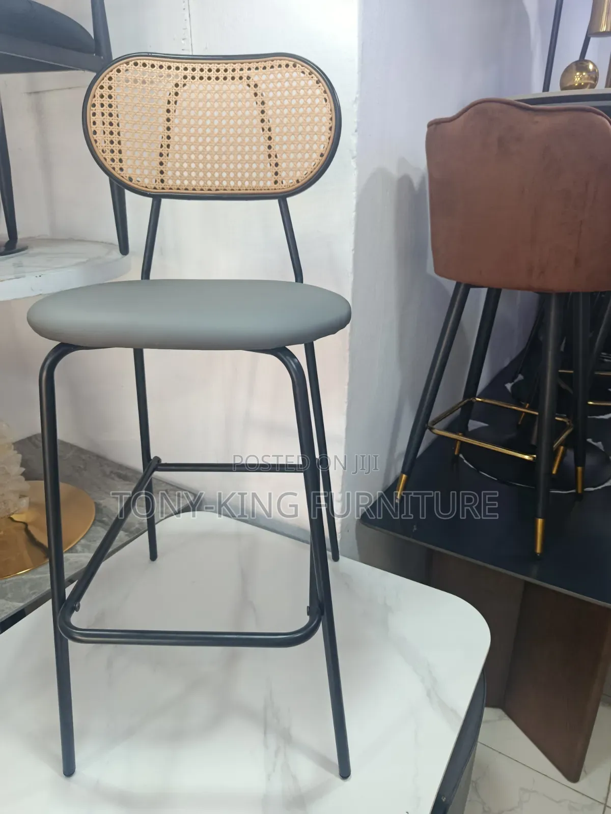 Imported Back Bar Stool Features a Grey Padded Faux-Leather Seat