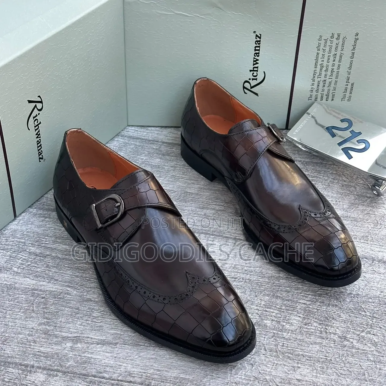 Richwanaz Croc Pattern Monk Strap Shoes in Brown/Black Size 40-46