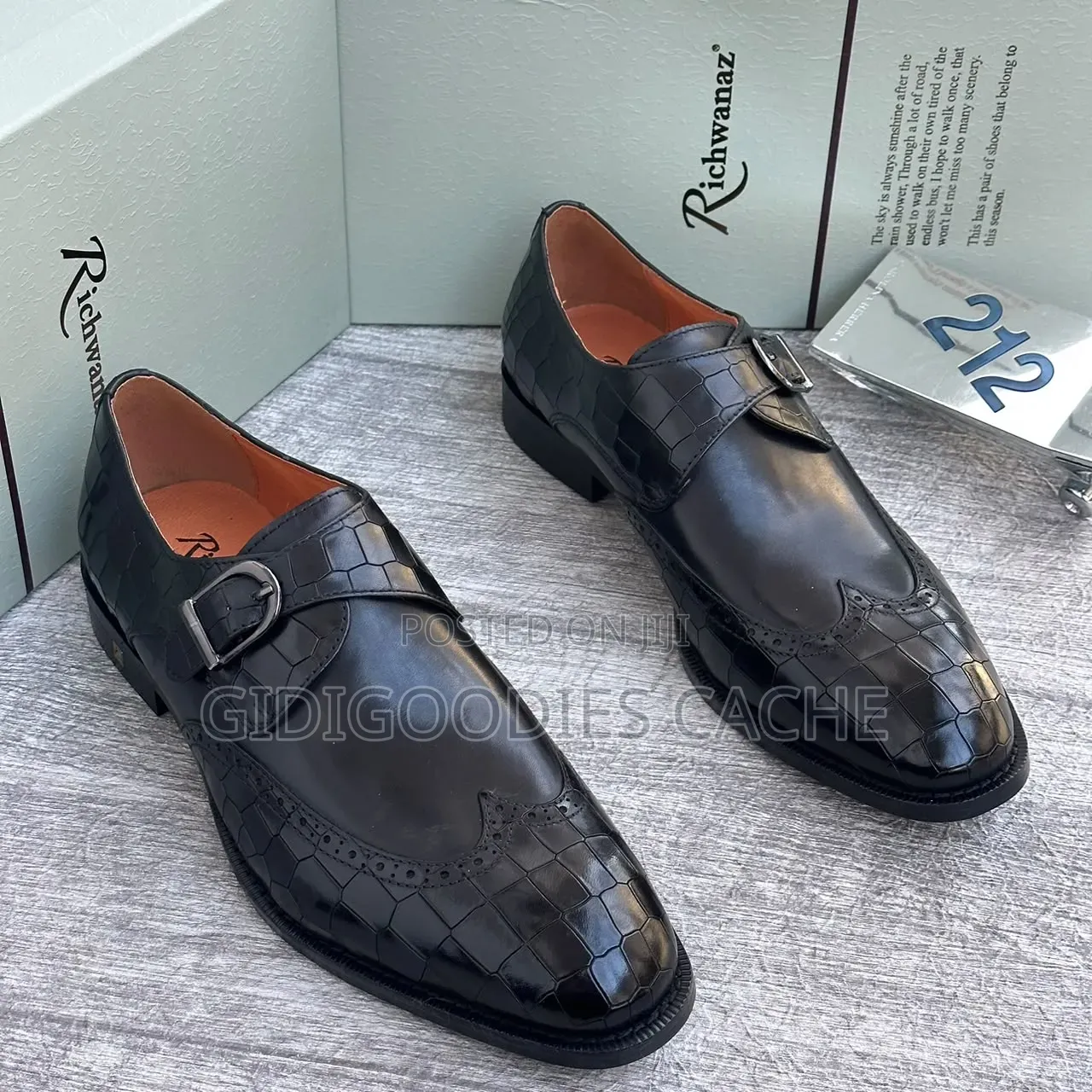 Richwanaz Croc Pattern Monk Strap Shoes in Brown/Black Size 40-46