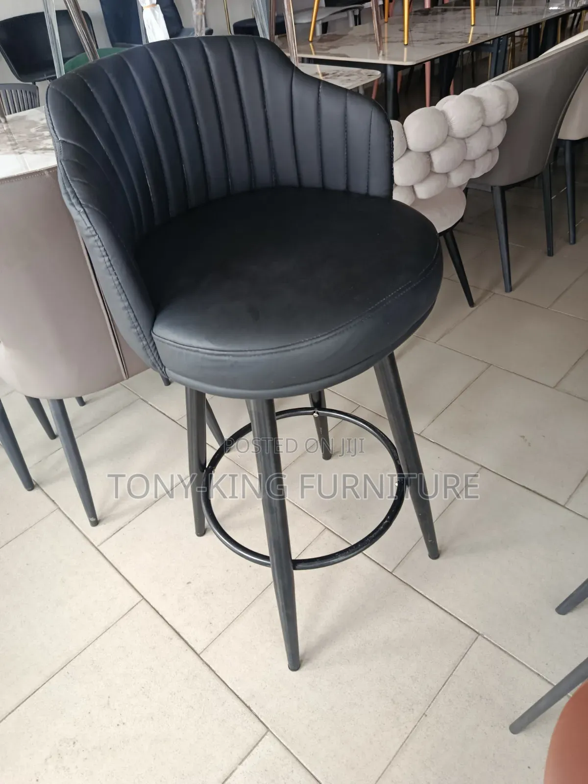 Modern Black PU Leather Rotating Bar Stool With Black Metal Four Legs
