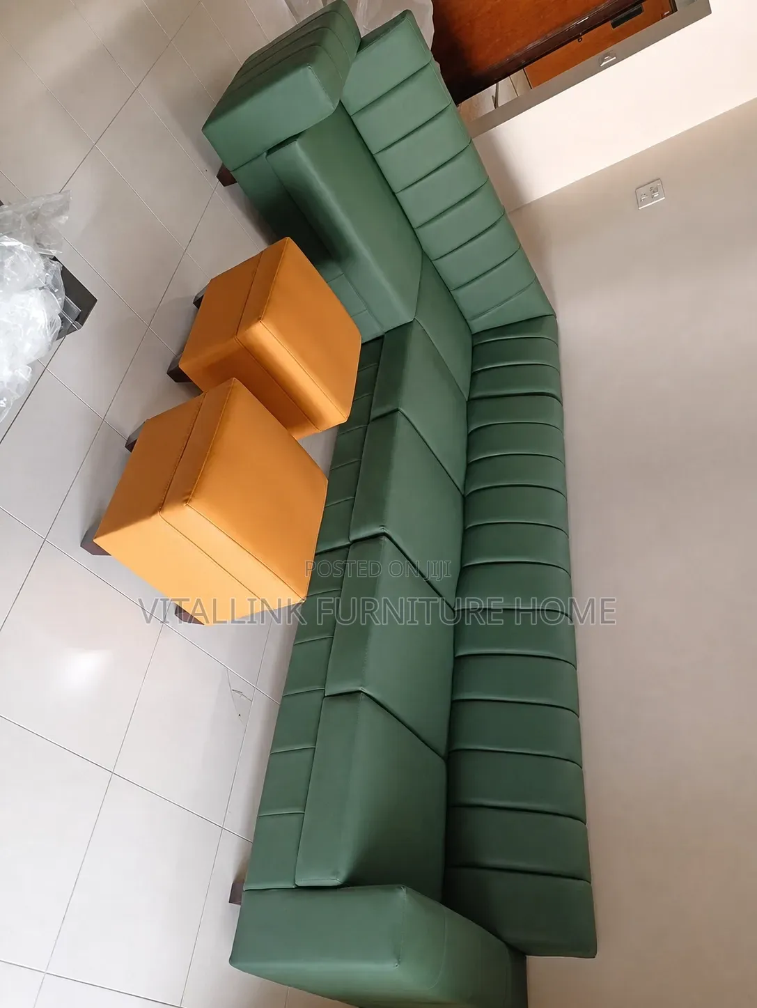 Green L-Shape Sectional Sofa With 2 Mustard-Yellow Ottomans