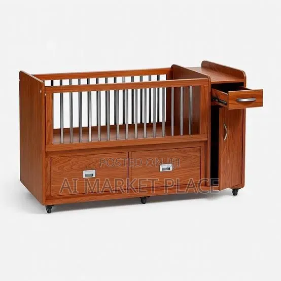 Custom Wooden Baby Crib – Built-in Side Cabinet Bottom Drawers