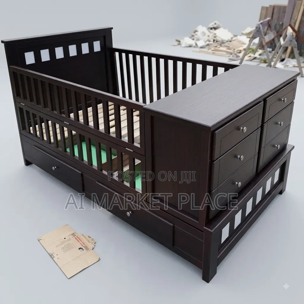 Custom Wooden Baby Crib – Built-in Side Cabinet Bottom Drawers