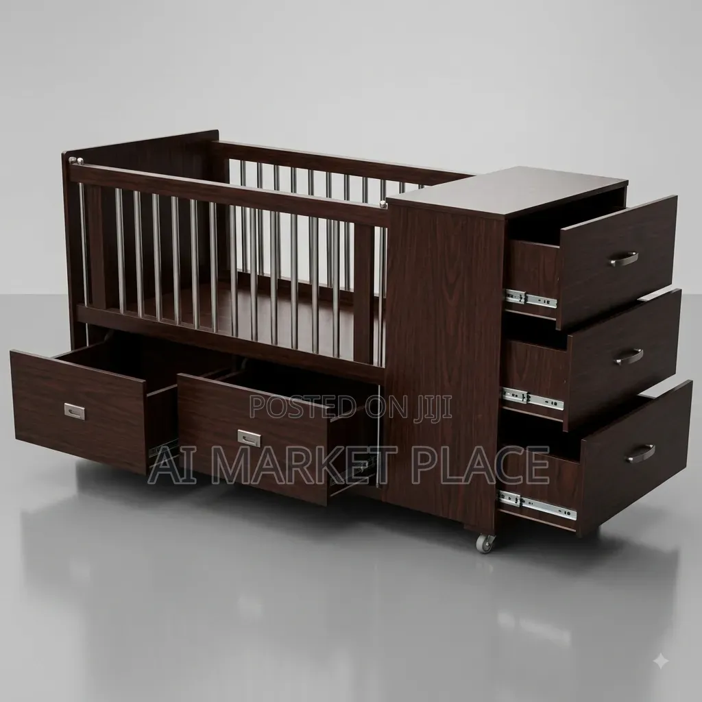 Custom Wooden Baby Crib – Built-in Side Cabinet Bottom Drawers
