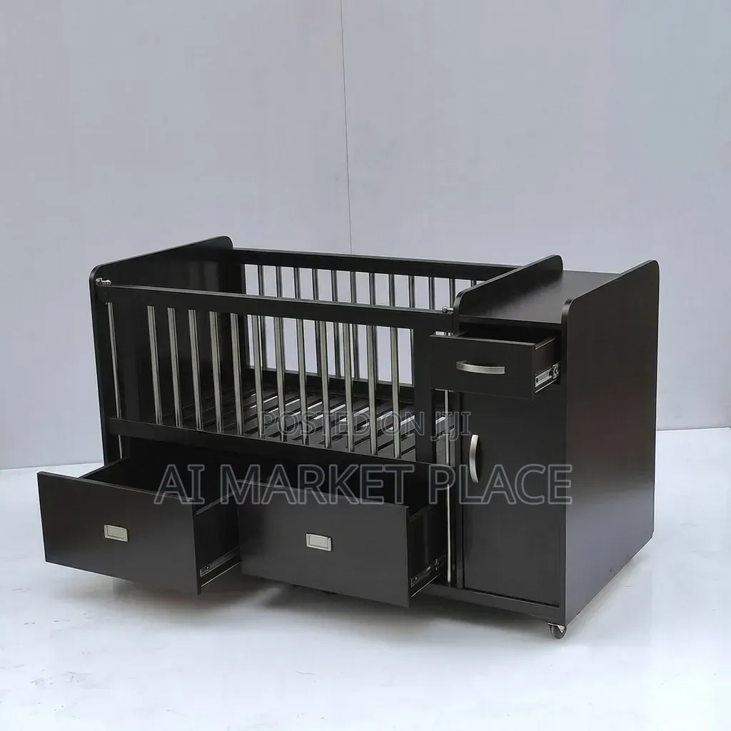 Custom Wooden Baby Crib – Built-in Side Cabinet Bottom Drawers