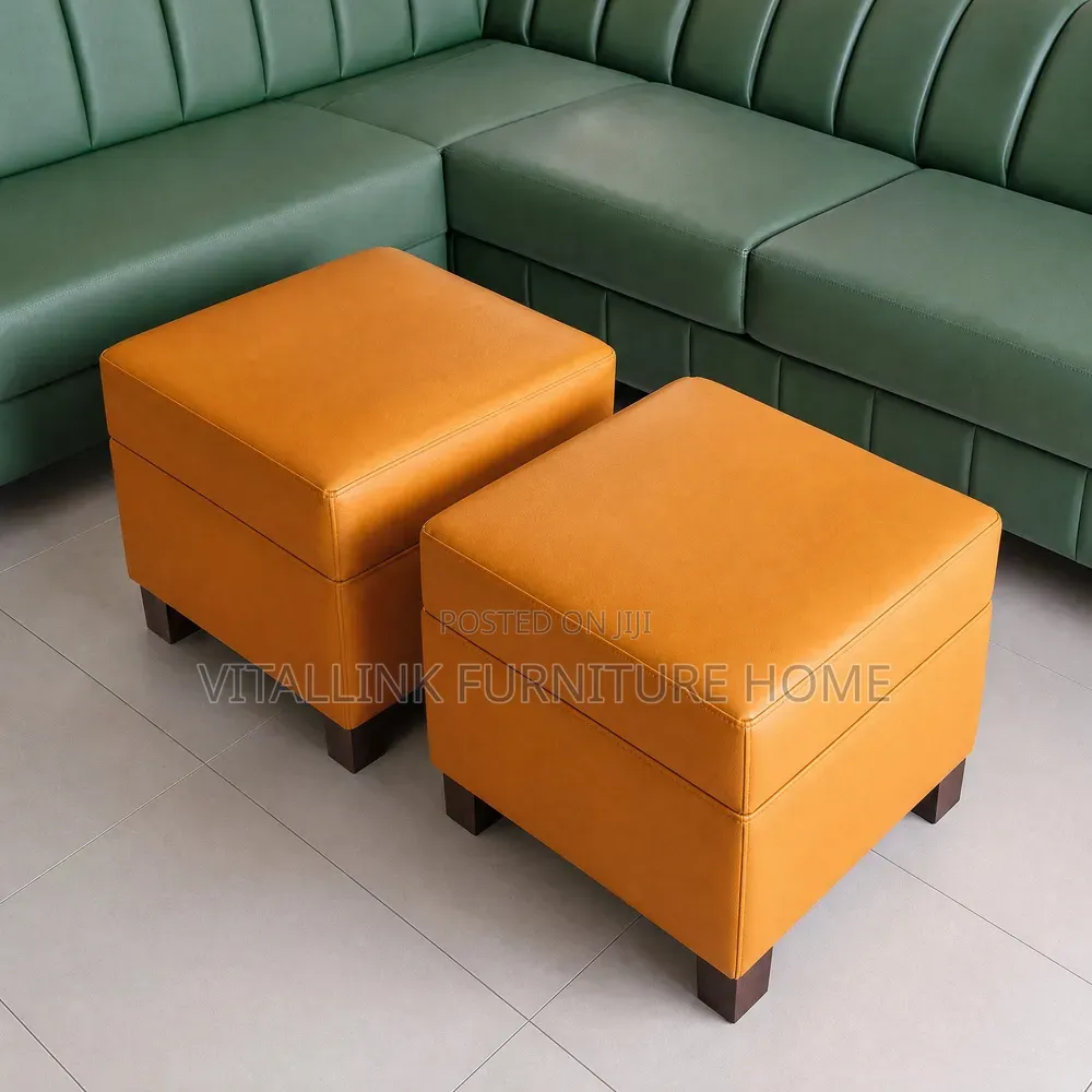 Green L-Shape Sectional Sofa With 2 Mustard-Yellow Ottomans