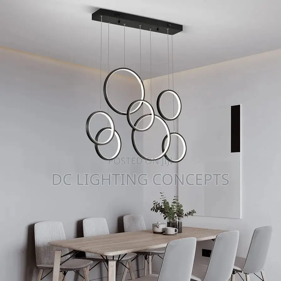 Modern Simple Black 7-Rings Dining Room Chandelier With Remote Control