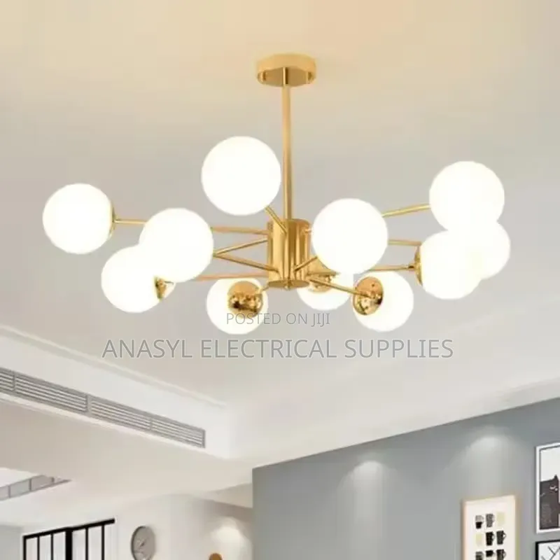 Gold Plate Lustre LED Chandelier Glass Shade Hanging Chandelier
