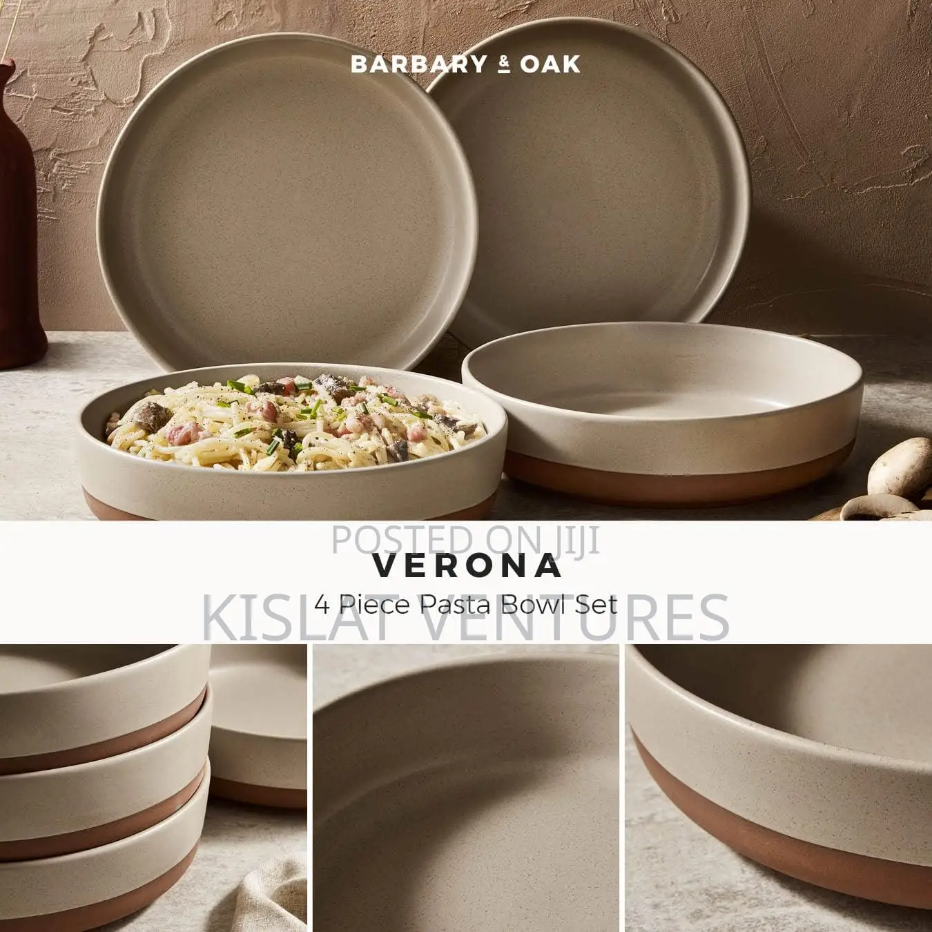 Barbary Oak Verona Set of 4 Pasta Bowls in Stone Slate - Ceramic