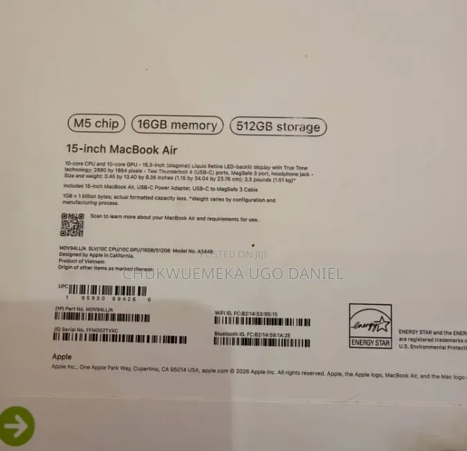 New Laptop Apple MacBook Air 2026 M5 16GB Apple M5 SSD 512GB