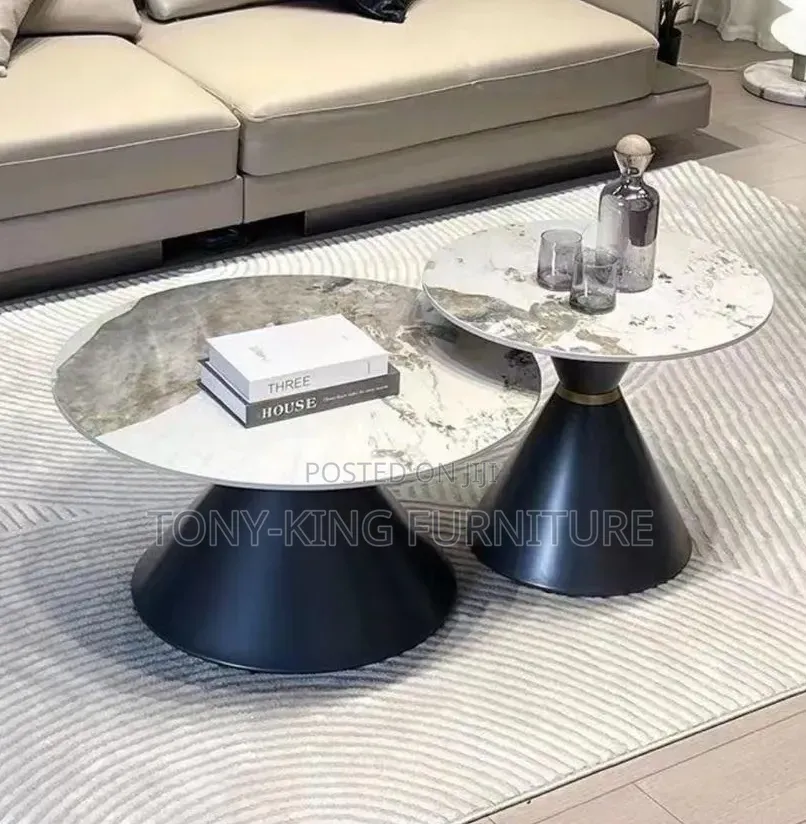 2-in-1 Modern Minimalist Marble Conical Metal Base Coffee Table Set