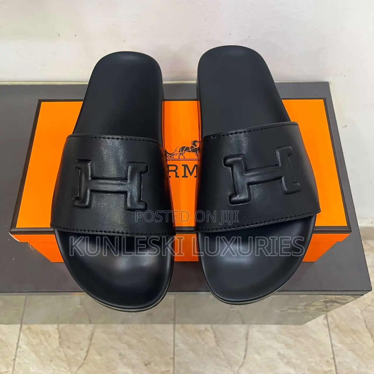 Original Hermes Black Leather Slides