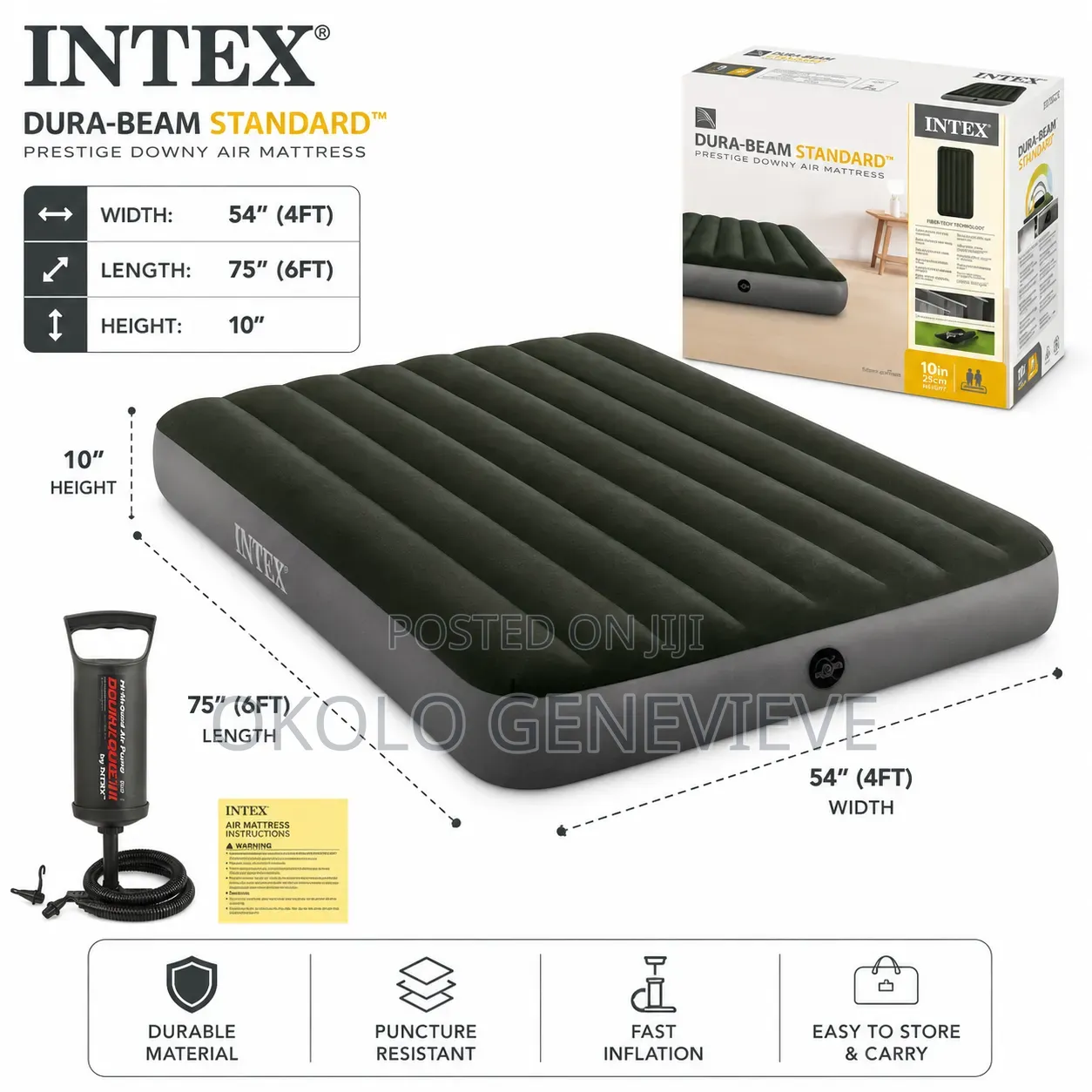 Inflatable Double Airbed With Pump 4ft by 6ft 10" Height Green Color