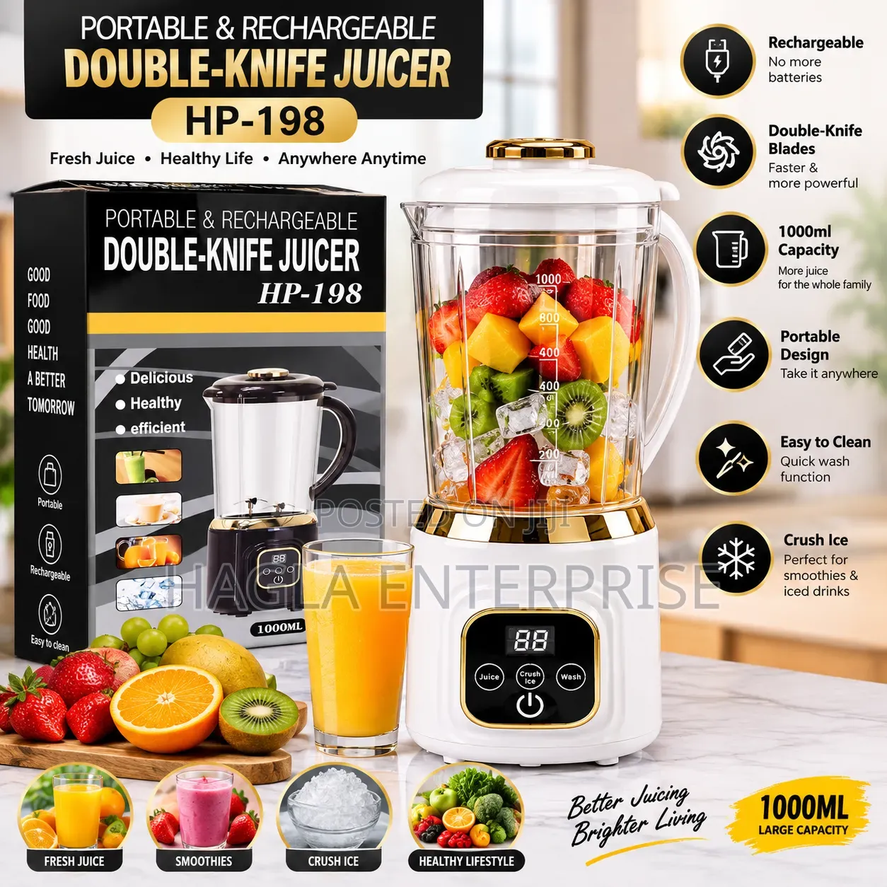 Portable Rechargeable Double-Knife Juicer, Model( 1000ml Capacity)
